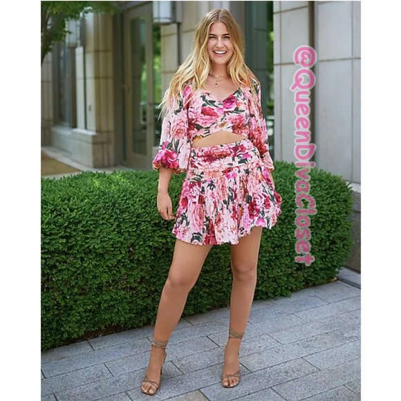 Express Fuchsia Hot Pink Floral Print Ruched Pleated Fit And Flare Mini Skirt 10 - Picture 2 of 6